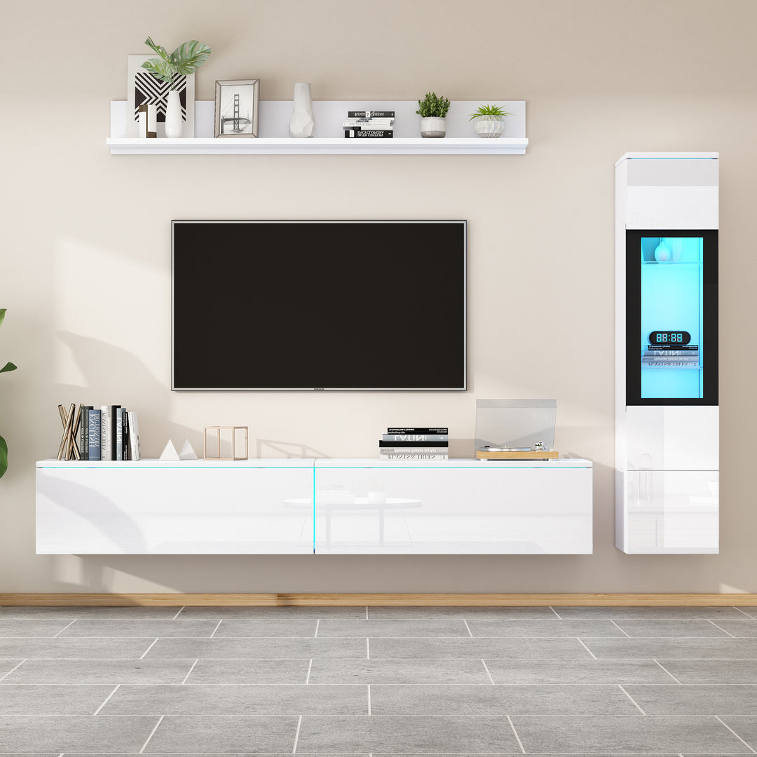 Modern white high-gloss 3-piece TV unit set with LED lighting and display cabinet CLOUDVALE