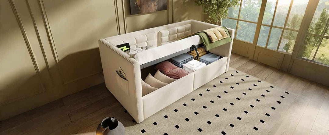 Daybed Upholstered Bed 90x190cm Velvet Beige, Single Sofa Bed with USB & Type-C Charging, Hydraulic Storage, 3FT, for Bedroom & Living Room (No Mattress)