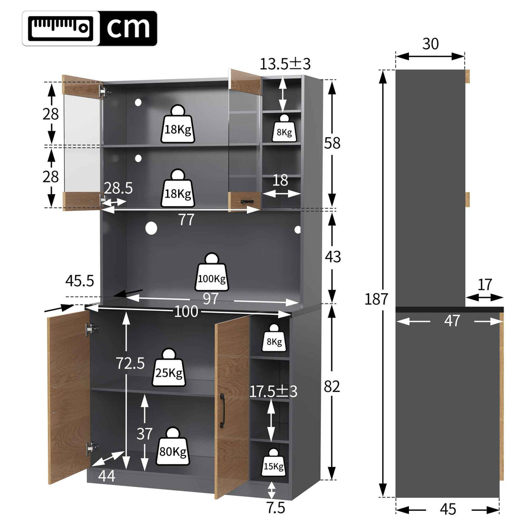 00+Kitchen Tall Cabinet with LED Lighting, Adjustable Shelves, Large Pantry Storage for Microwave VERTEXMORN