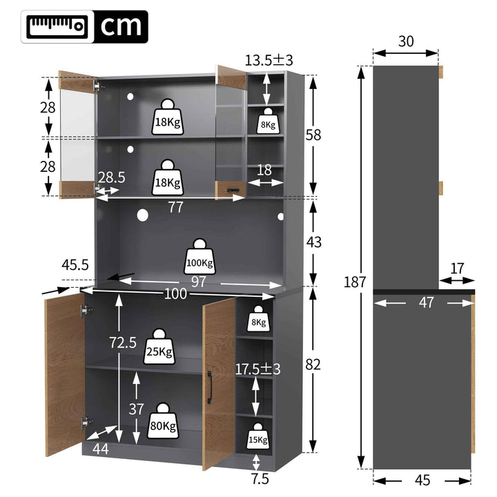00+Kitchen Tall Cabinet with LED Lighting, Adjustable Shelves, Large Pantry Storage for Microwave VERTEXMORN