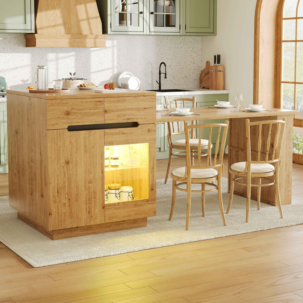 Kitchen island with extendable table, oak effect, LED glass door, 2 drawers INFINITECASC