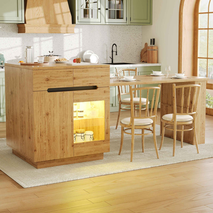 Kitchen island with extendable table, oak effect, LED glass door, 2 drawers INFINITECASC