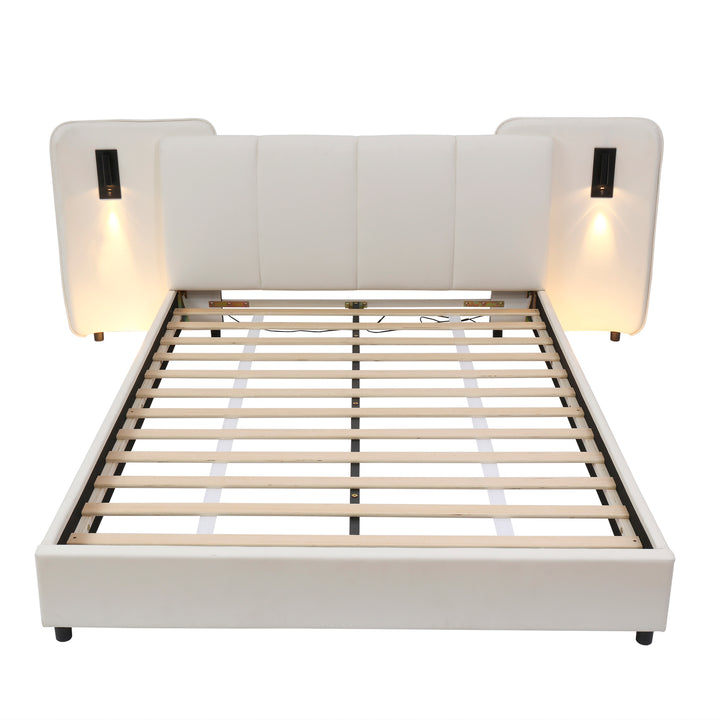 Beige upholstered divan double bed with side lamps and charging port 135x190cm UNITOS