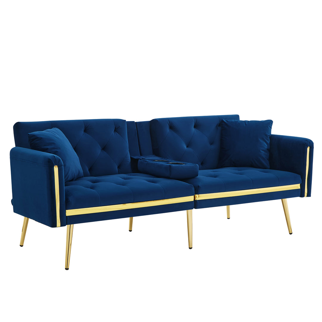 Blue velvet tufted 2-seater sofa bed with gold legs hidden fold-down cup holder FUMAROLEVENT