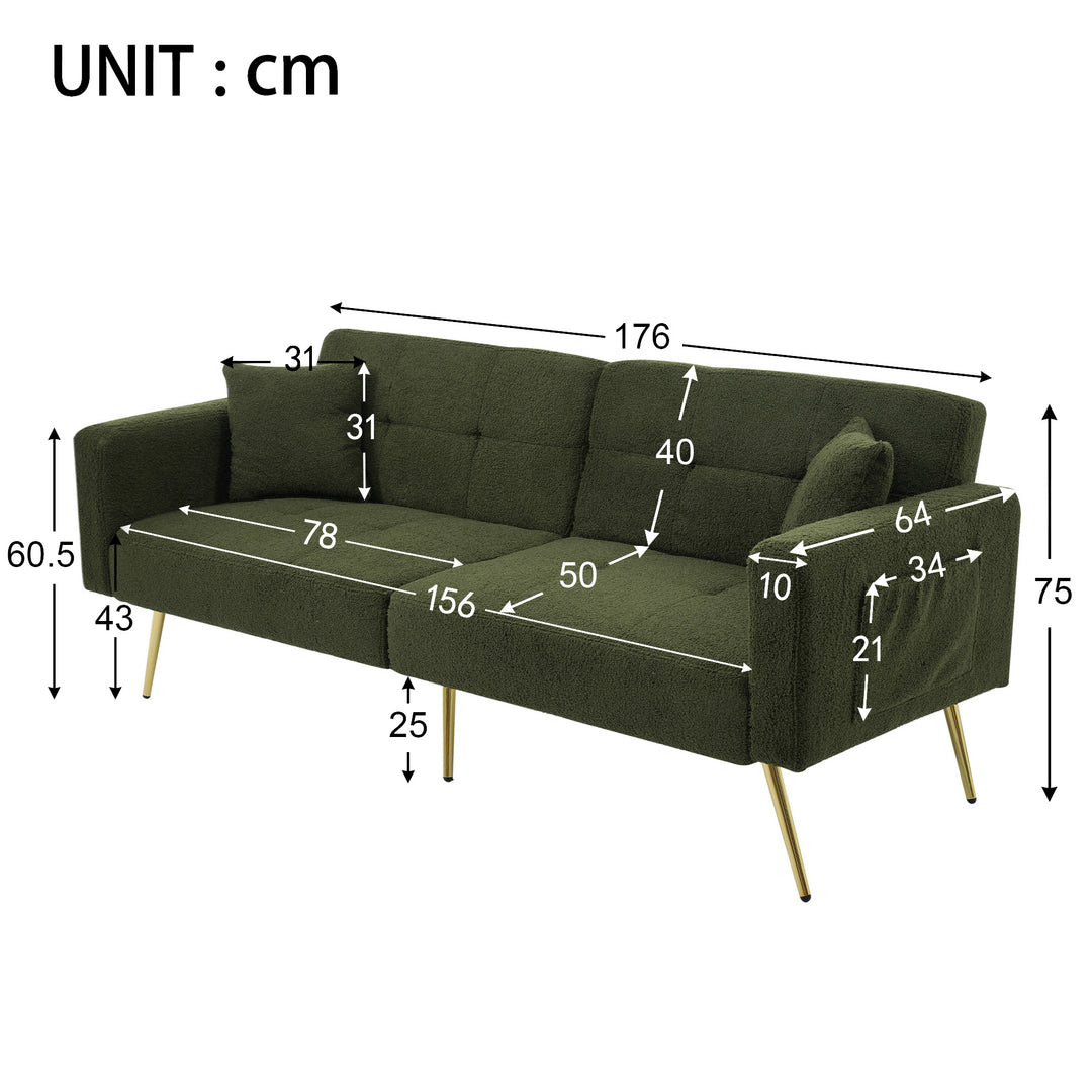 Olive green sherpa 3-seater clic-clac sofa bed, adjustable backrest & side pocket ALDEN GREEN UK