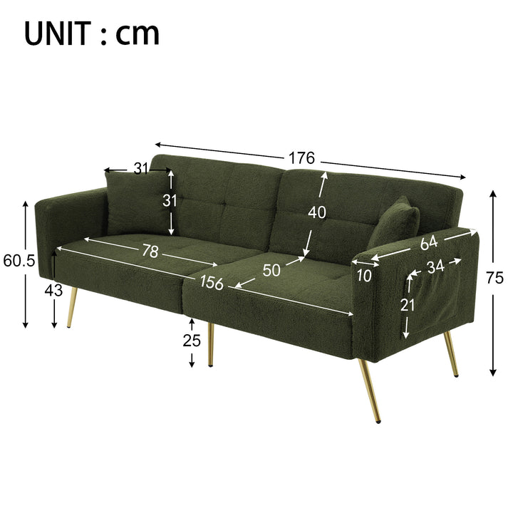 Olive green sherpa 3-seater clic-clac sofa bed, adjustable backrest & side pocket ALDEN GREEN UK