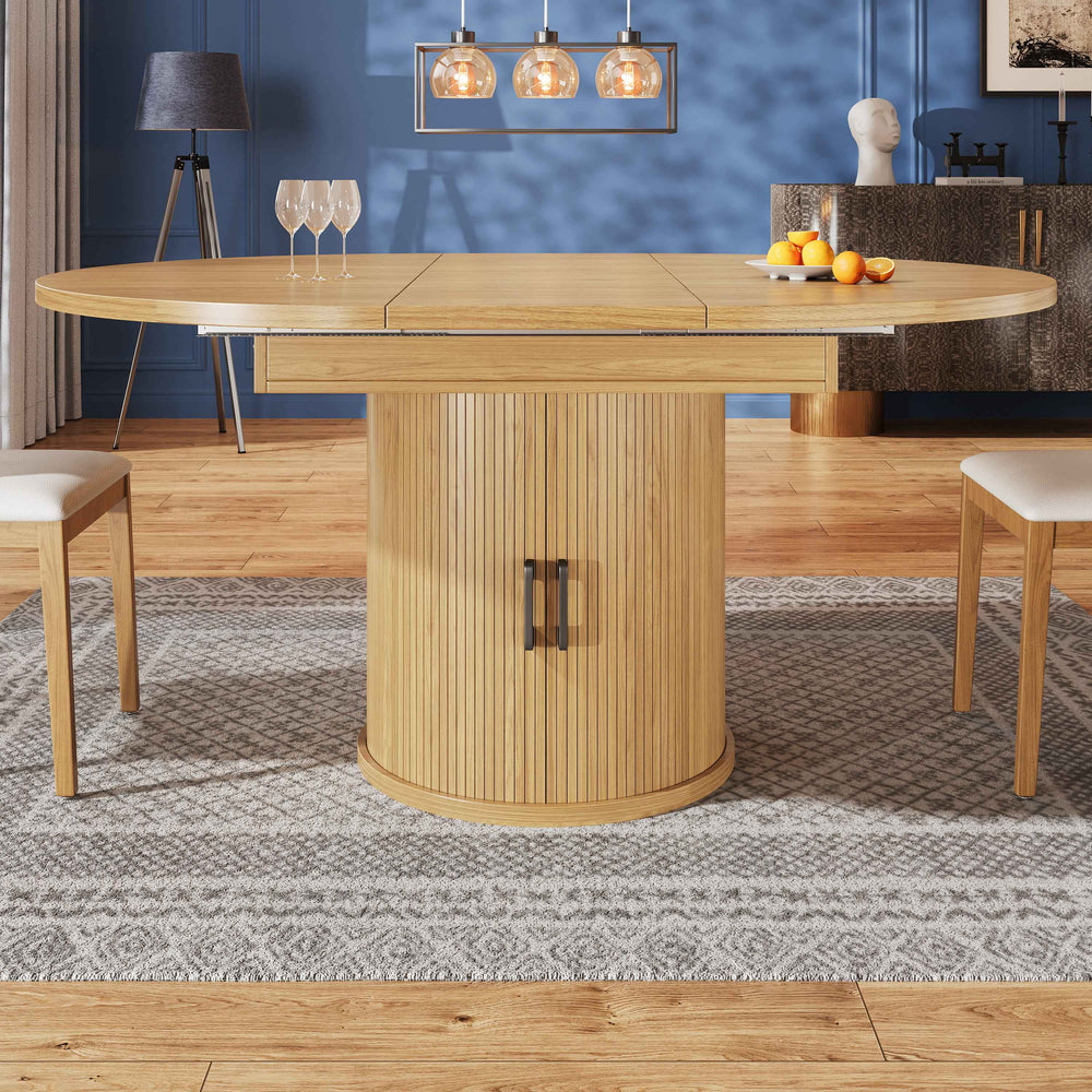 Extendable natural wooden look dining table round to oval 118–158cm INFINITEQUASI