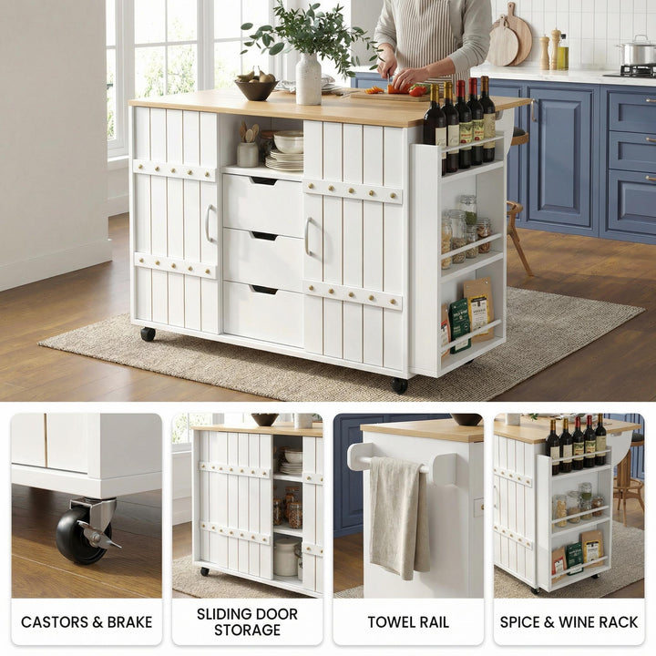 White wooden kitchen island trolley with sliding doors and fold-out worktop ASCENDAL