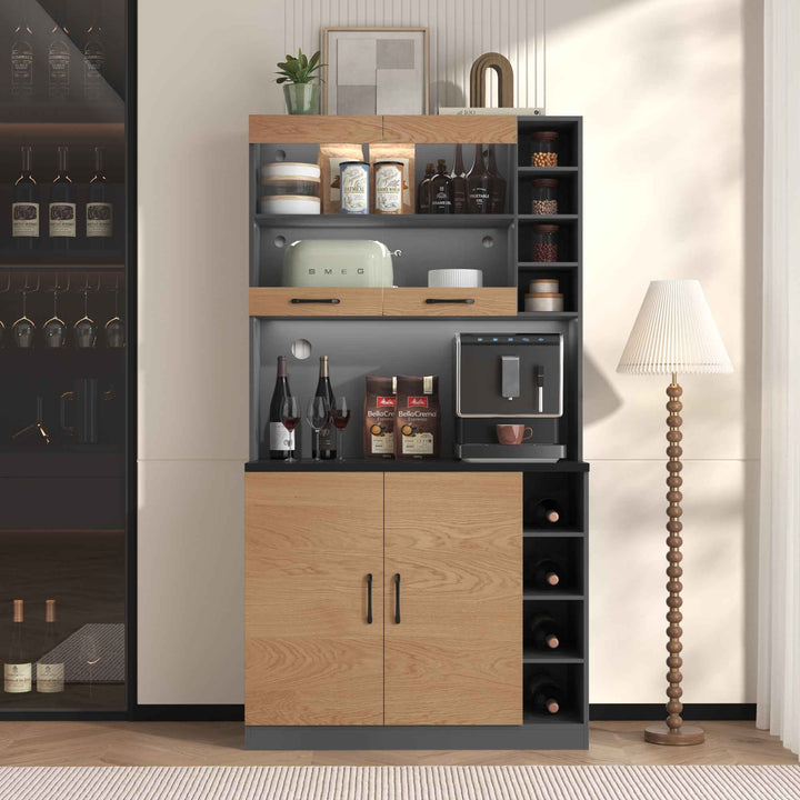 00+Kitchen Tall Cabinet with LED Lighting, Adjustable Shelves, Large Pantry Storage for Microwave VERTEXMORN