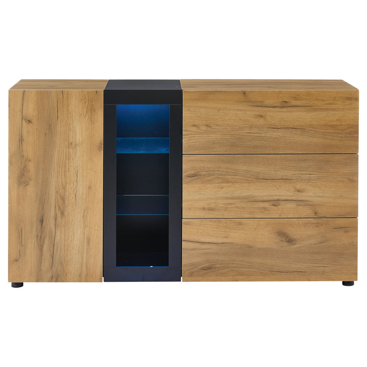 Wooden and Black Sideboard Cabinet with 3 Drawers, Glass Shelves and LED Lights 140 cm TRISHELF