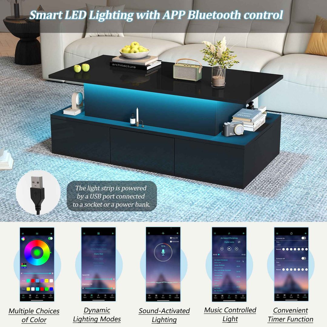 Lift top black high gloss coffee table with 4 drawers and LED lighting INFINITECASCADEE