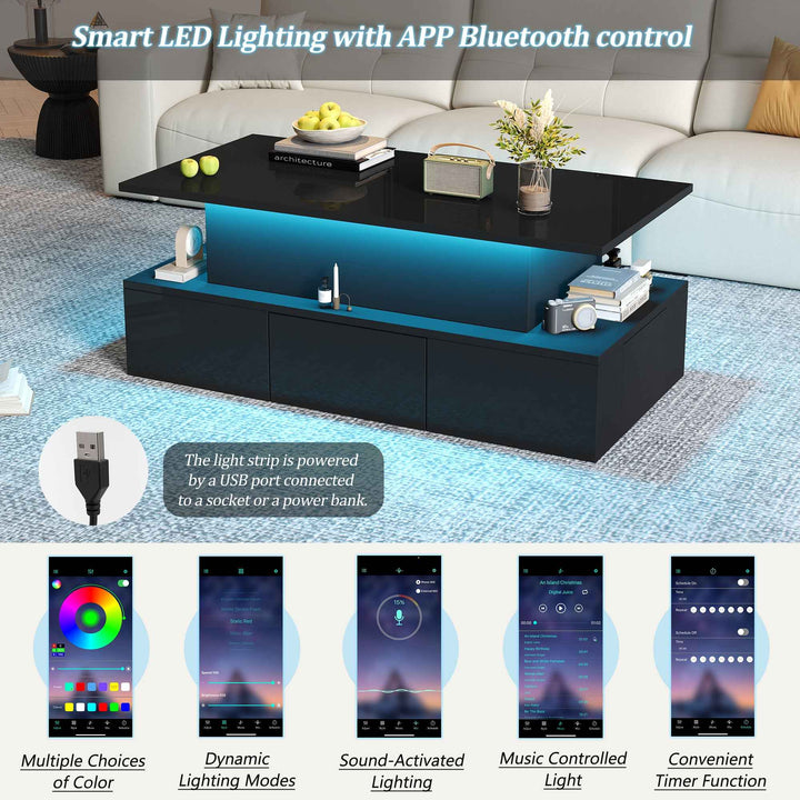 Lift top black high gloss coffee table with 4 drawers and LED lighting INFINITECASCADEE