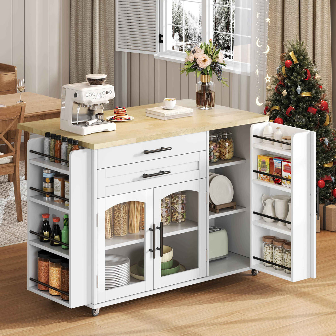 00+Mobile Kitchen Island Trolley White Foldable Worktop, 5 Wheels, Glass Doors, Storage Racks, Cutlery Drawer NOVAOR