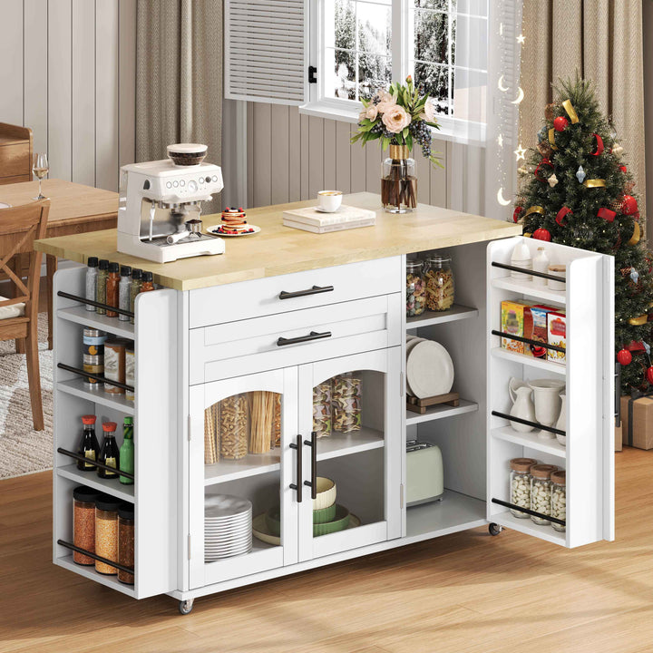 00+Mobile Kitchen Island Trolley White Foldable Worktop, 5 Wheels, Glass Doors, Storage Racks, Cutlery Drawer NOVAOR