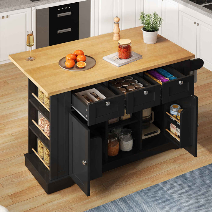 00+Kitchen Island on Wheels 132cm, Foldable Drop Leaf, MDF, Natural+Black, 3 Drawers, Spice Rack, Towel Holder, Charging Station VERTEXKORR