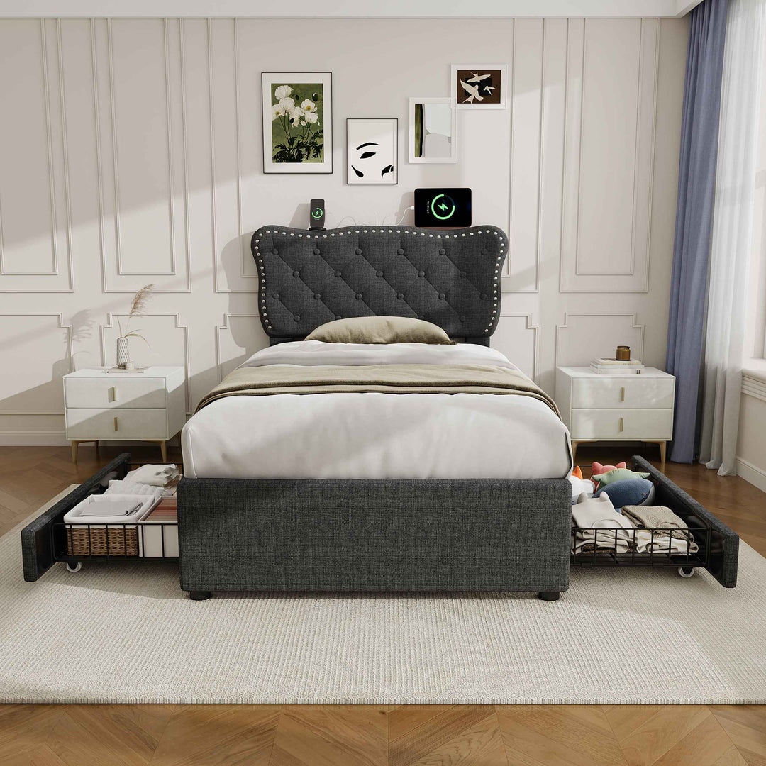 Single Upholstered Bed 3ft with Adjustable Button Tufted Headboard, Rivet Design, 2 Storage Drawers, USB & Type-C Charging Station, Linen Grey, No Box Spring Needed, No Mattress