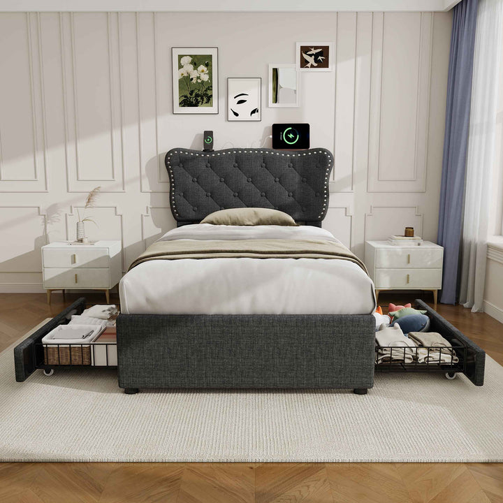 Single Upholstered Bed 3ft with Adjustable Button Tufted Headboard, Rivet Design, 2 Storage Drawers, USB & Type-C Charging Station, Linen Grey, No Box Spring Needed, No Mattress