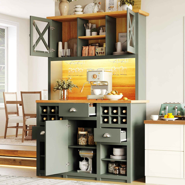 Kitchen hutche green cabinet glass doors LED lighting, wine rack, adjustable shelves