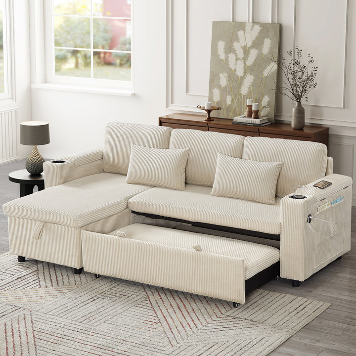 Beige corduroy 3-seater sofa bed trundle bed with storage and USB ports SPELEOTHEM UK