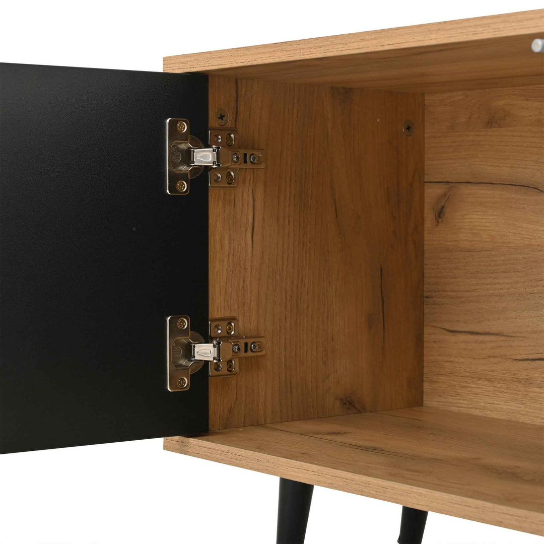 TV stand cabinet wood look & black, 3 doors glass shelf FLAREKRYOS