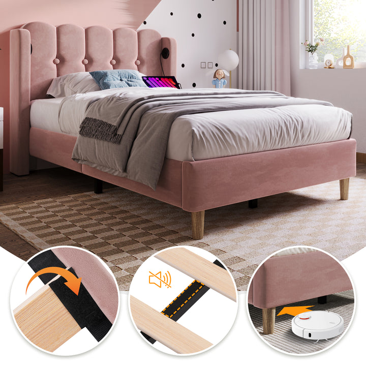 Pink velvet upholstered single divan bed frame with USB charging KRIGIED SINGLE PINK UK