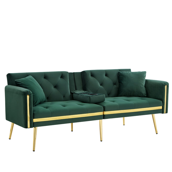 Green tufted velvet 2-seater sofa bed with adjustable backrest and hidden cup holders golden accent HYDROPON