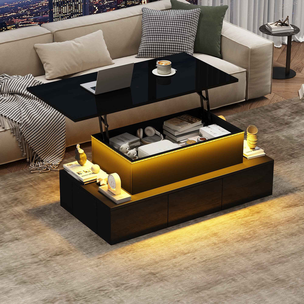 Lift top black high gloss coffee table with 4 drawers and LED lighting INFINITECASCADEE