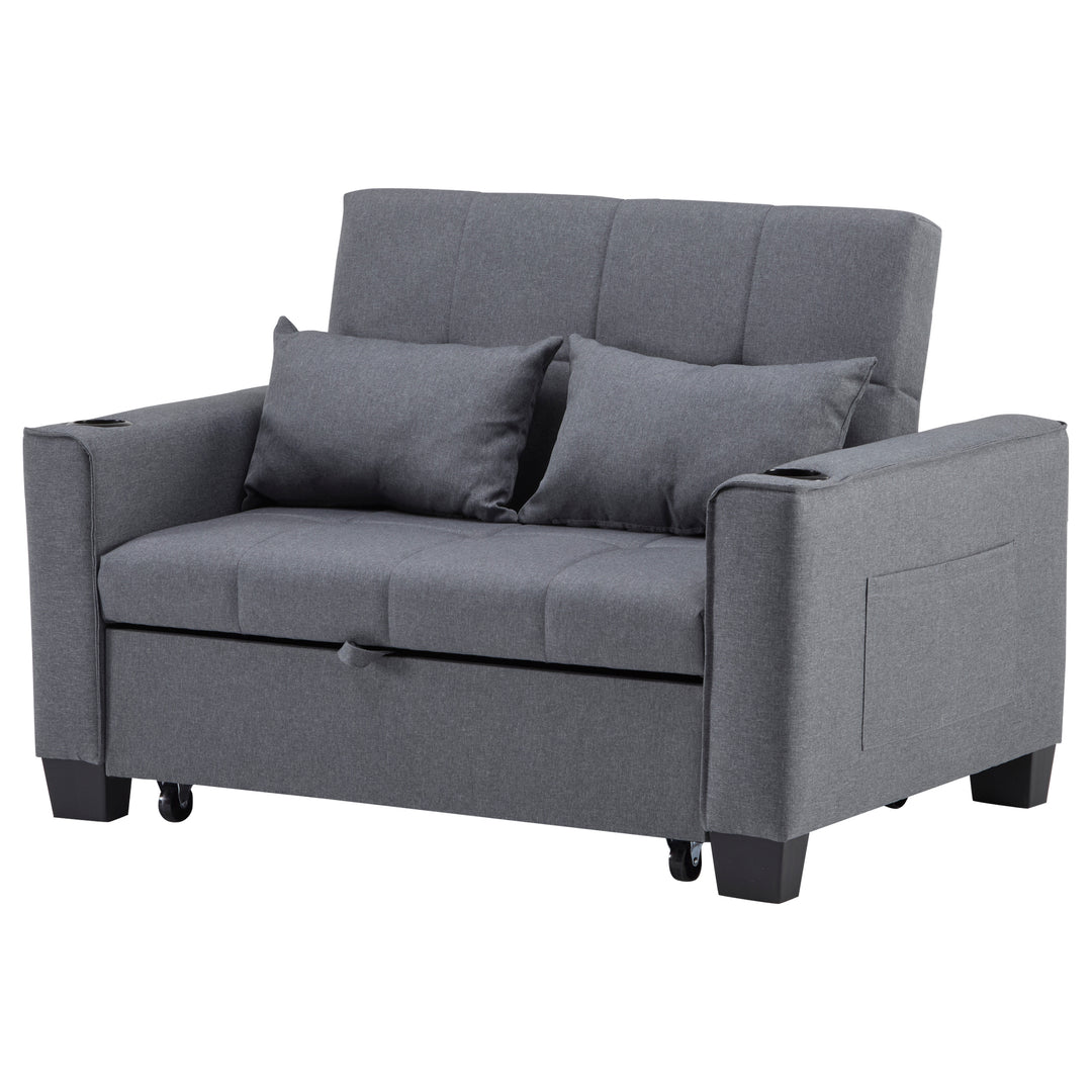 Gray fabric convertible 2-seater sofa bed pull-out design, adjustable backrest, and storage FROSTSTONE