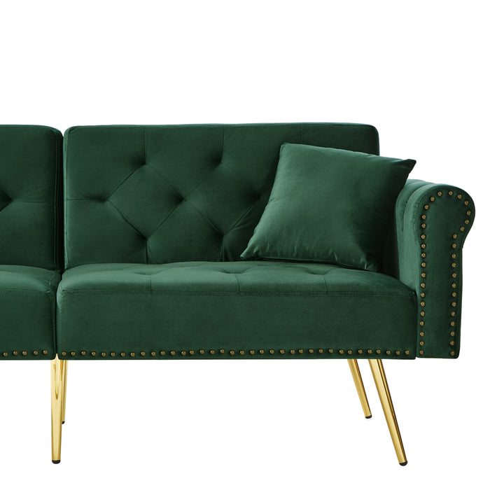Green velvet 2-seater sofa bed with adjustable backrest and gold legs CAKDERA