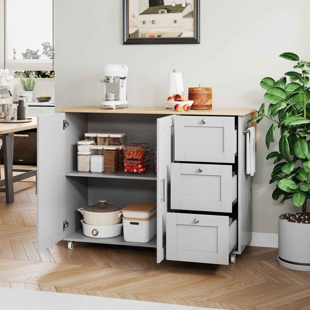 00+Kitchen Island on Wheels Grey Foldable Tabletop, 3 Drawers, 2 Doors, for Dining & Living Room VERTEXRYN