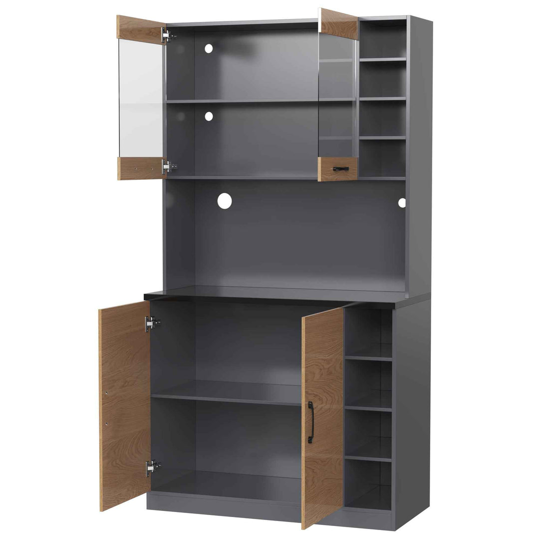 00+Kitchen Tall Cabinet with LED Lighting, Adjustable Shelves, Large Pantry Storage for Microwave VERTEXMORN