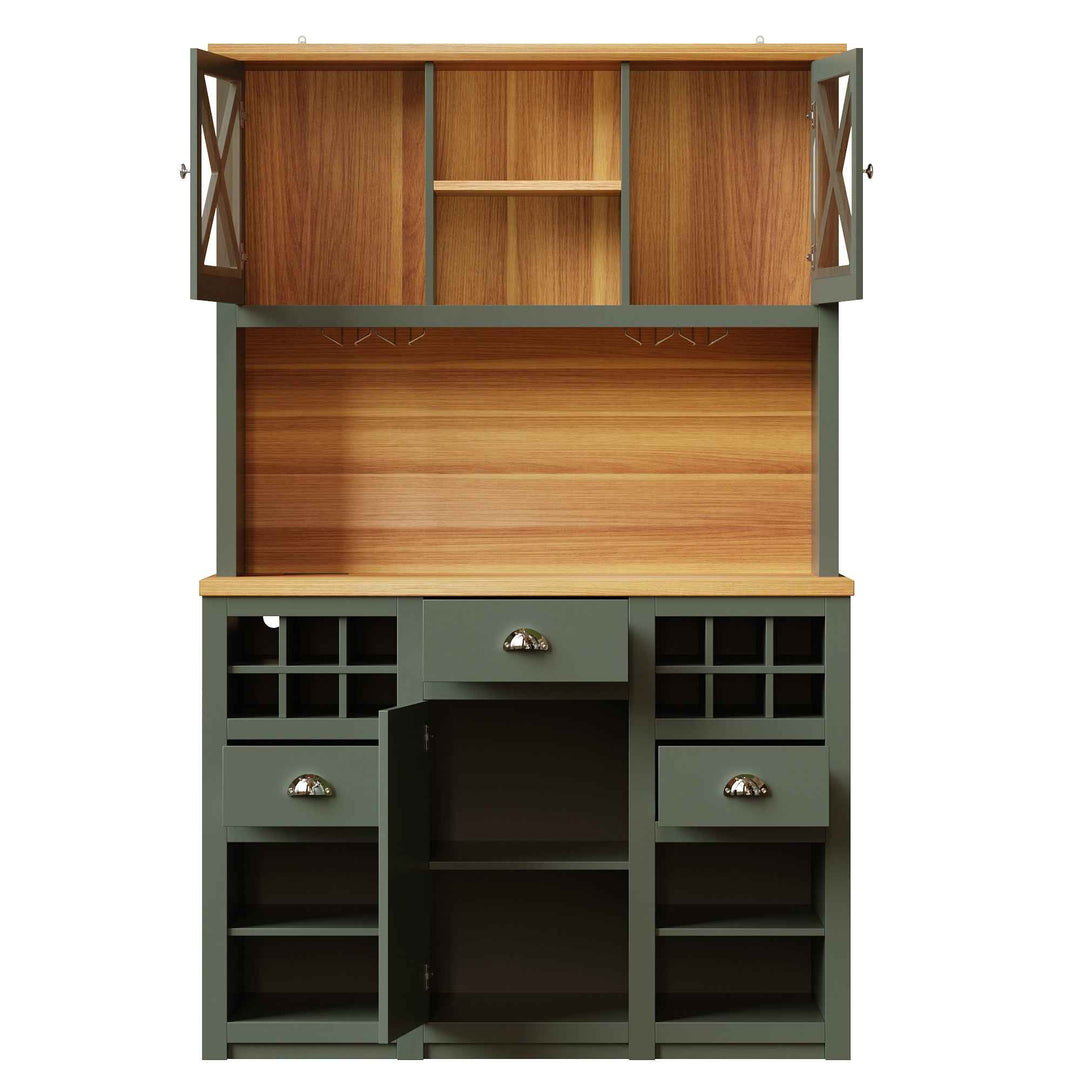 Kitchen hutche green cabinet glass doors LED lighting, wine rack, adjustable shelves