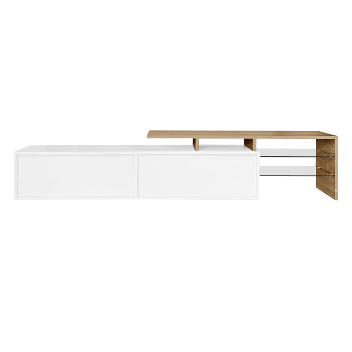 White hihg-gloss TV cabinet storage space, wood look, glass shelves, LED lighting MOLD