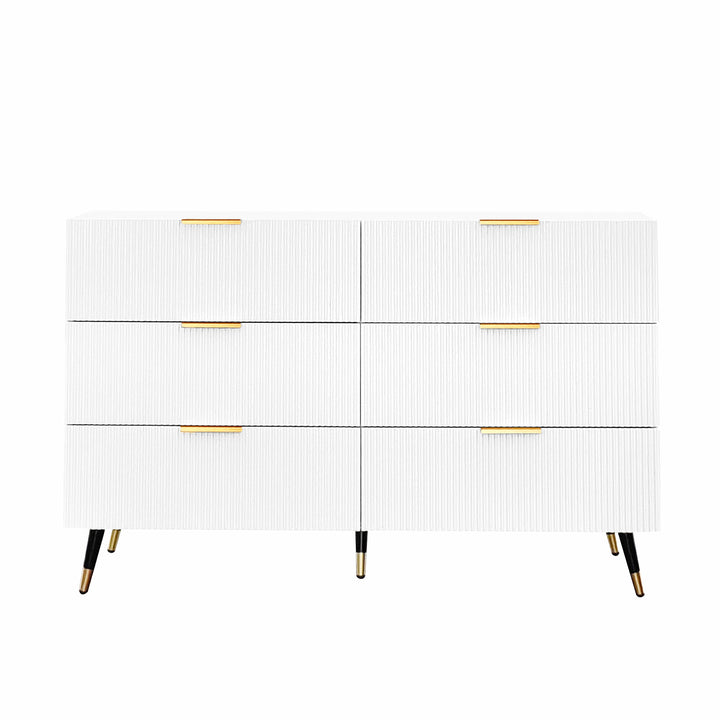 White and gold particle board storage sideboard with 6 drawers FERNGLADE UK