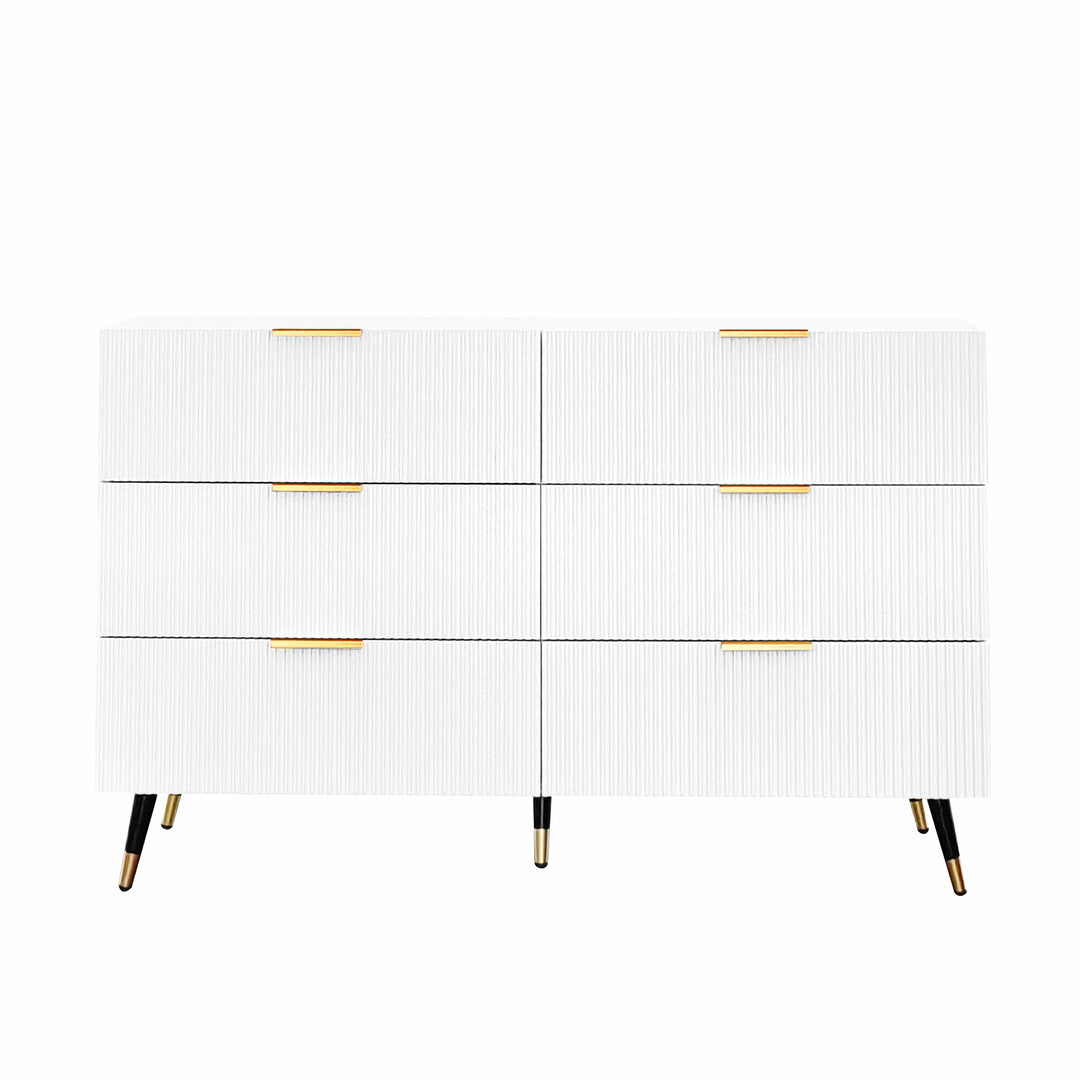 White and gold particle board storage sideboard with 6 drawers FERNGLADE UK