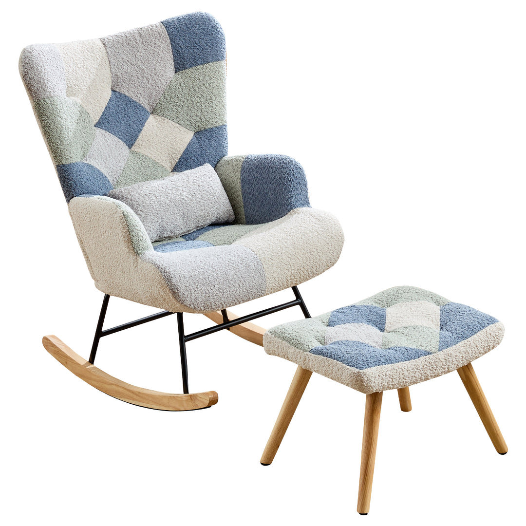 Fabric white blue patchwork rocking chair with solid wood legs and footstool MORASSSLOP