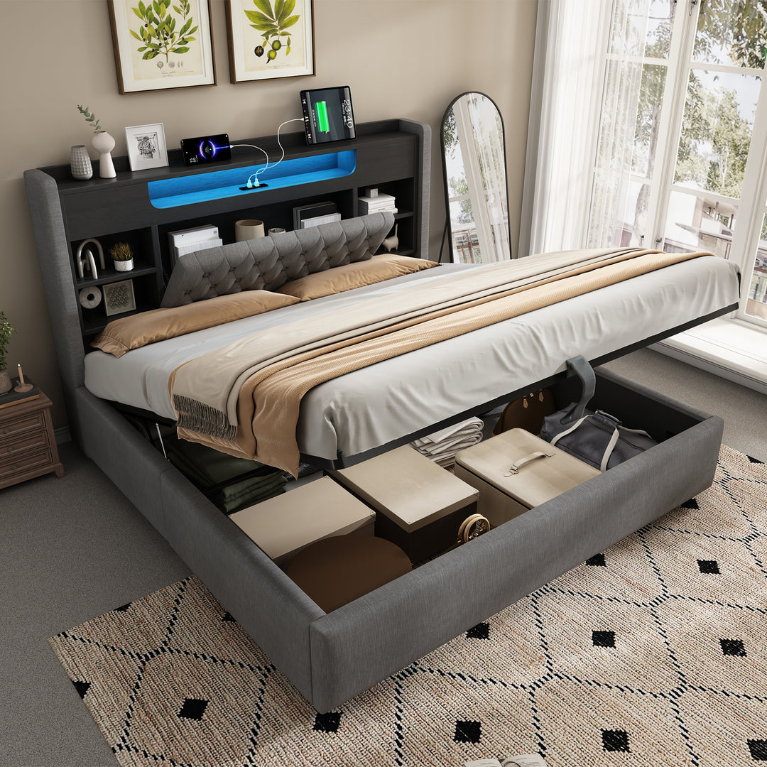 00+King Bed Frame 150 x 200 cm Grey Linen with Hydraulic Storage & LED Lights VANITYWALNUT