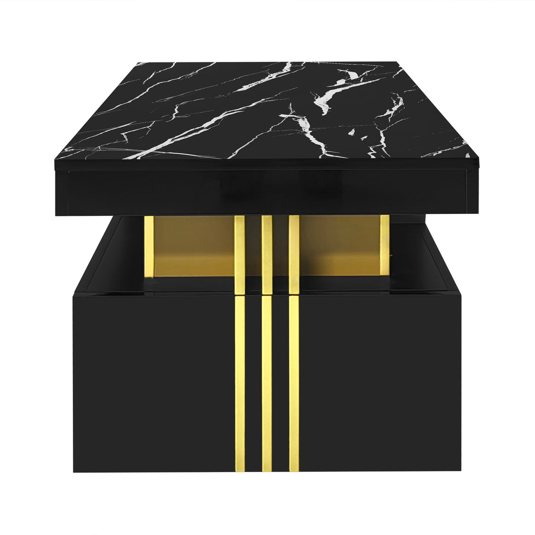 Modern black coffee table with marble-pattern top golden accents LEDGER