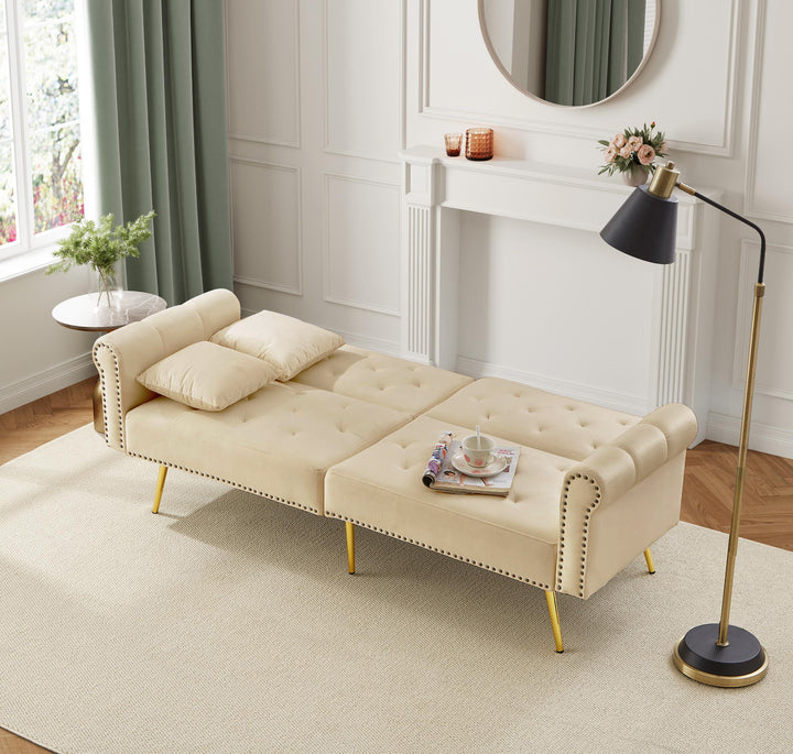 Modern upholstery velvet beige 2-seater sofa bed, adjustable backrest & gold-plated metal feet EUKARYOT