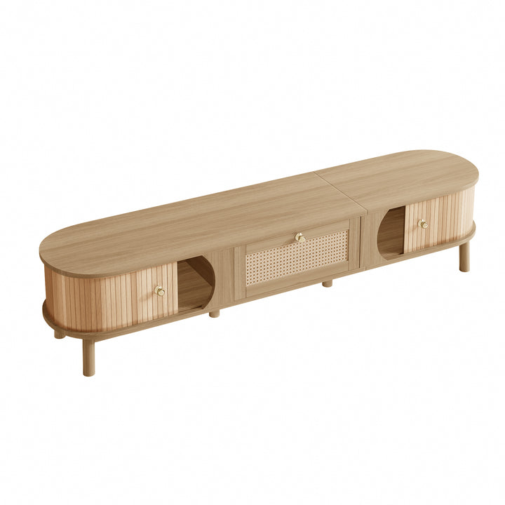 Nordic oak oval TV stand with rattan inlay and slatted tambour sliding doors BLISSA
