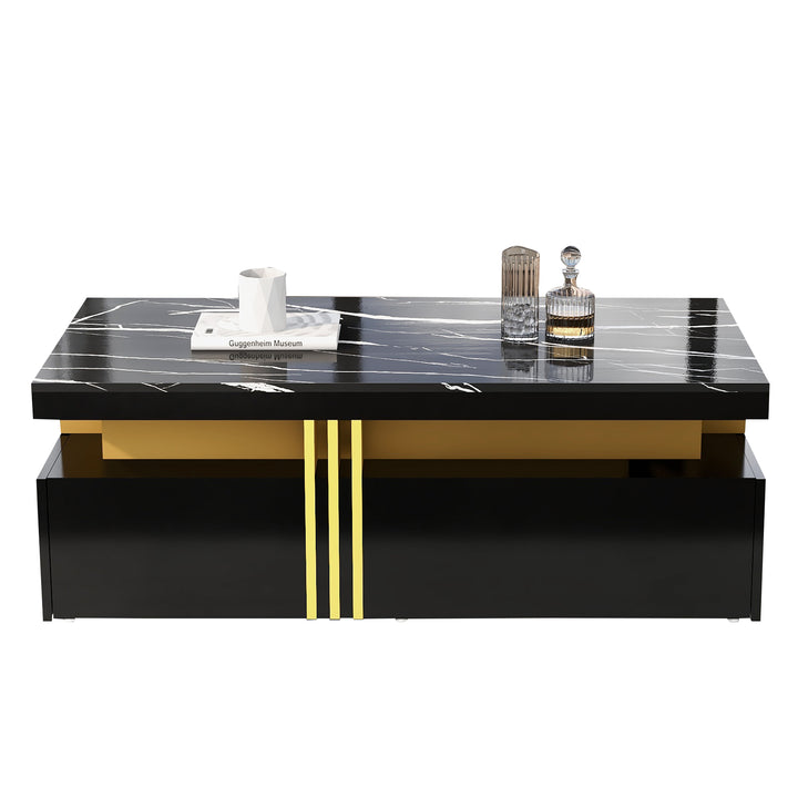 Modern black coffee table with marble-pattern top golden accents LEDGER