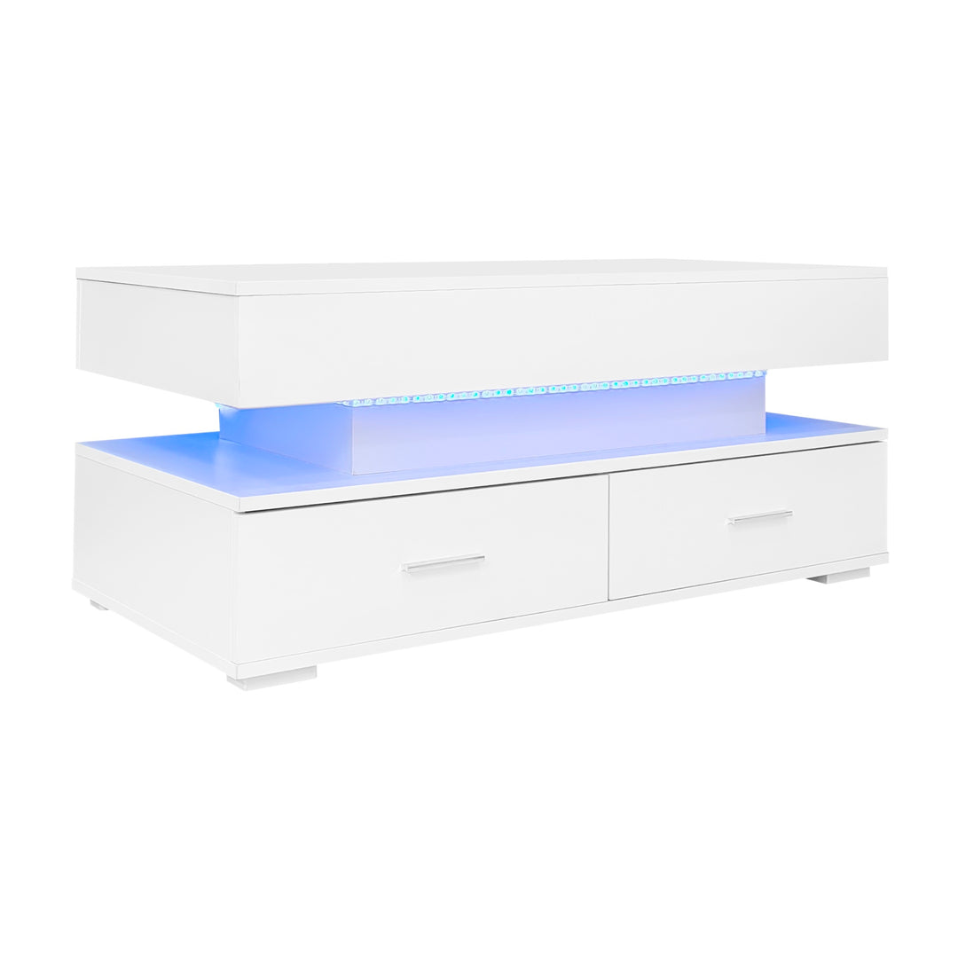 White lift-top coffee table with LED lighting and 2 drawers 100×50×44cm CYBERSPACE