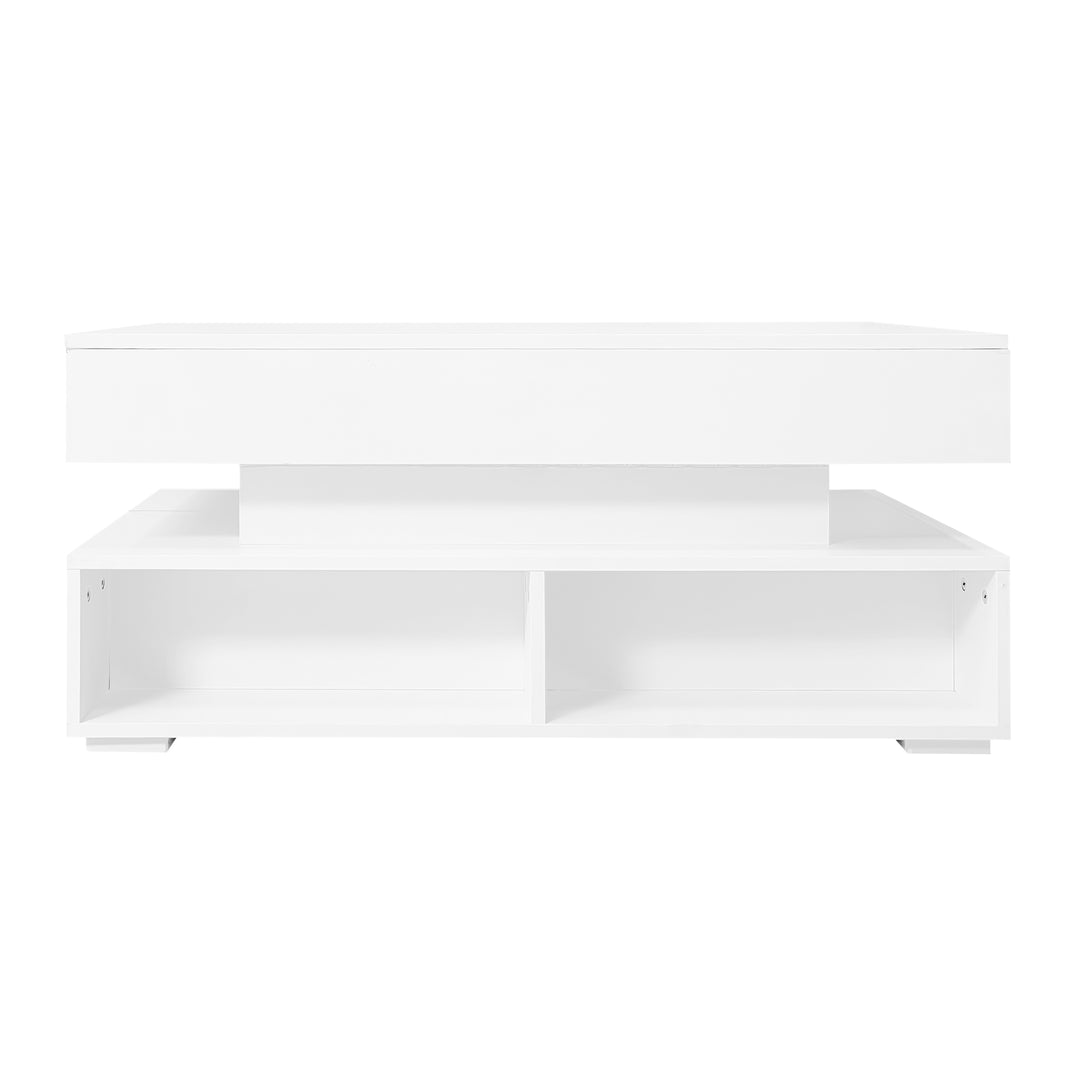 White lift-top coffee table with LED lighting and 2 drawers 100×50×44cm CYBERSPACE