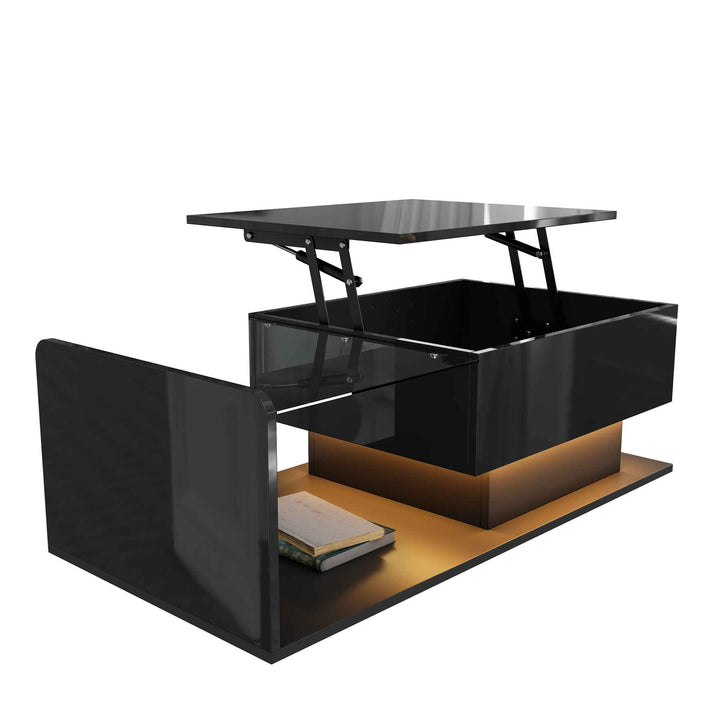 High gloss black coffee table with lift up top, LED lighting 100x50cm FLARERYLOTH