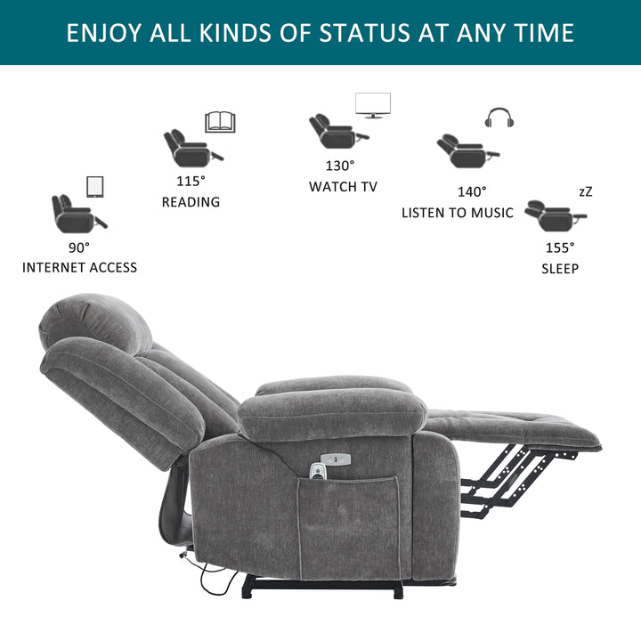 Electric lift up fabric grey large recliner with massage and heat MAGNETICFLUX