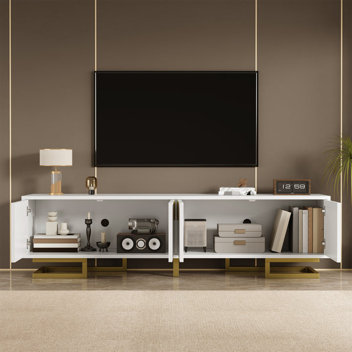 Modern luxury white TV stand textured geometric design with gold accents VIGOURE
