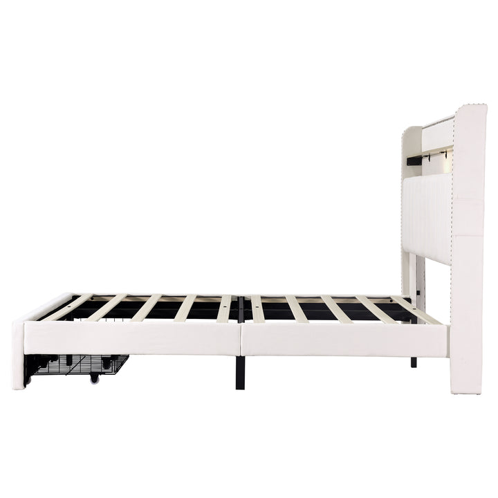 Beige linen upholstered divan double Bed 135x190cm with 2 storage drawers and LED lighting & charging ports (no mattress) OGHAMNOTCH