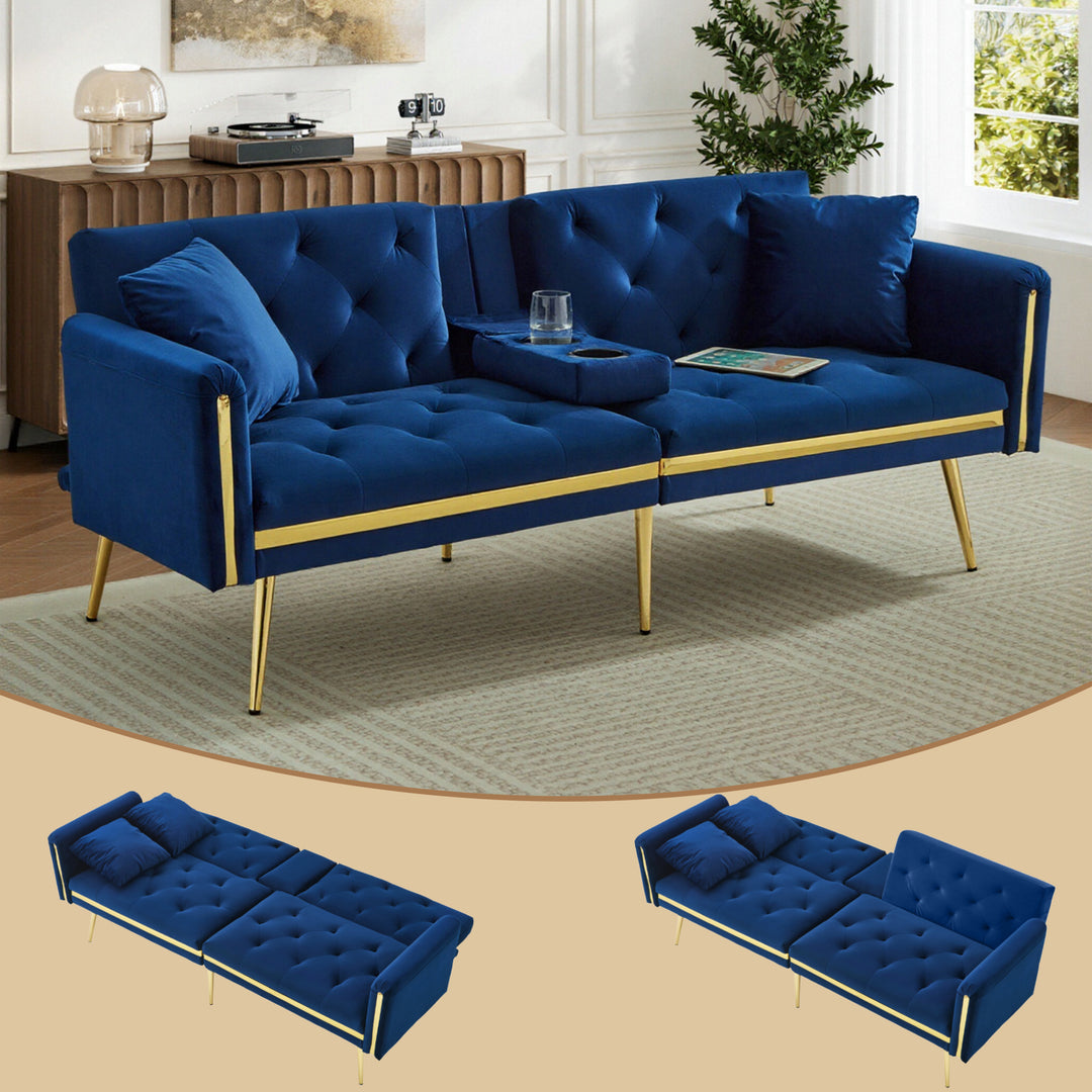 Blue velvet tufted 2-seater sofa bed with gold legs hidden fold-down cup holder FUMAROLEVENT