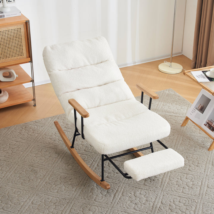 White boucle fabric nursery rocking chair with glider footrest PATINA UK
