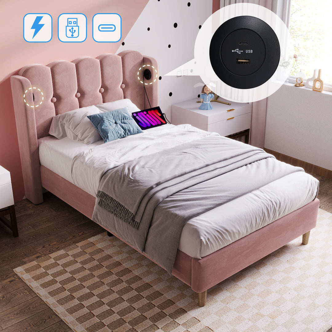 Pink velvet upholstered single divan bed frame with USB charging KRIGIED SINGLE PINK UK
